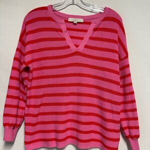 LOFT V-Neck Sweater in Pink and Red Stripes